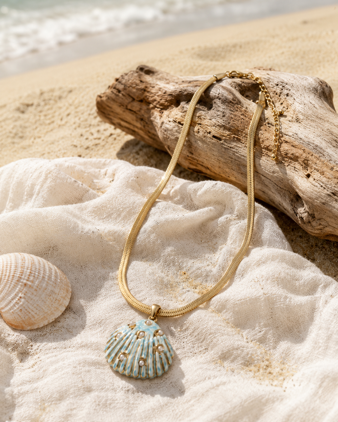 Additional view of Sea Glow Scallop Shell Necklace by AURAM with coastal shell pendant styling