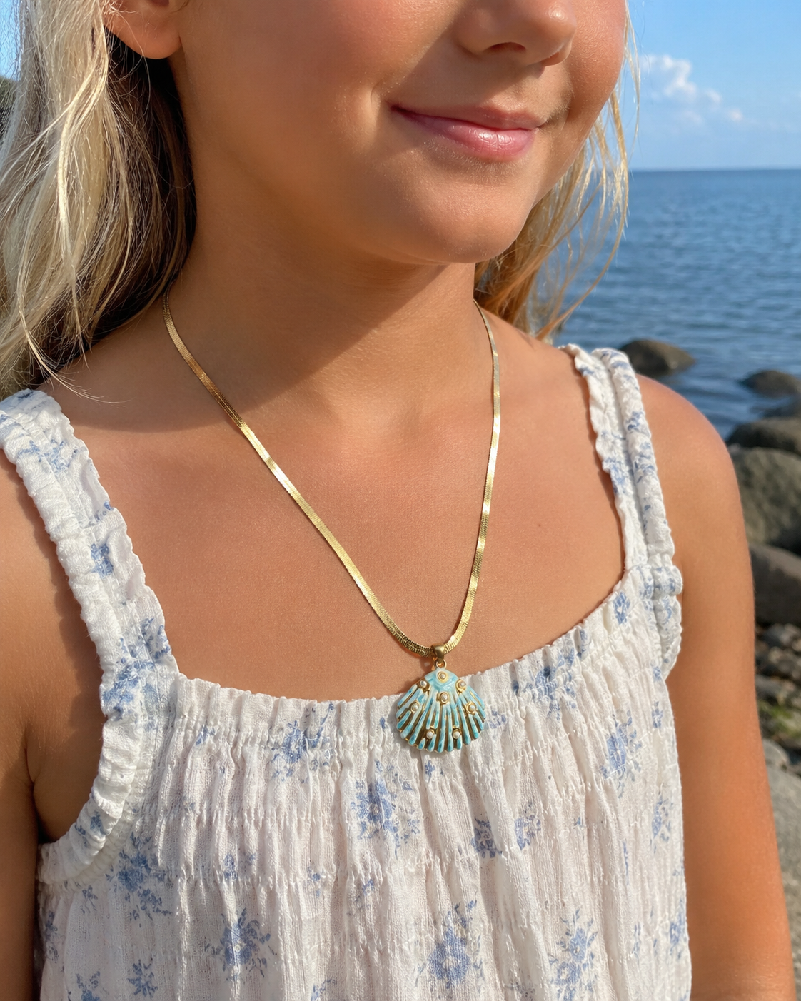 Additional view of Sea Glow Scallop Shell Necklace by AURAM with coastal shell pendant styling