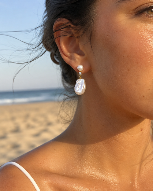 Additional view of Moon Tide Baroque Pearl Earrings by AURAM with moon-inspired baroque pearl detail
