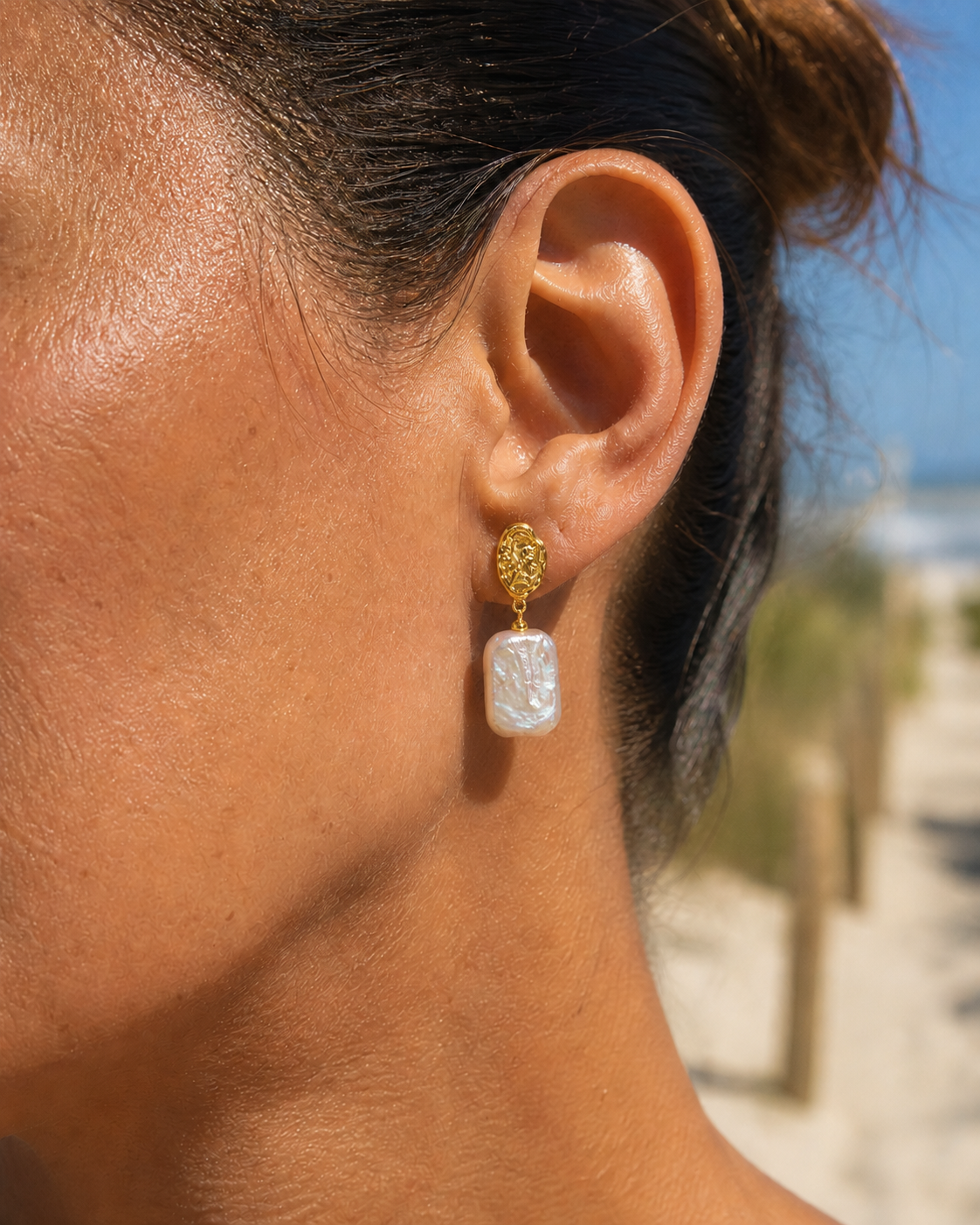 Additional view of Sunlit Relic Baroque Pearl Earrings by AURAM with organic baroque-style pearls