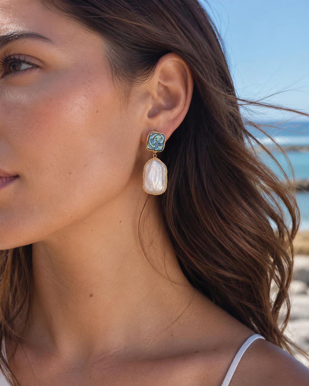 Alternate product view of Ocean Aura Baroque Pearl Earrings by AURAM with natural pearl glow and coastal styling