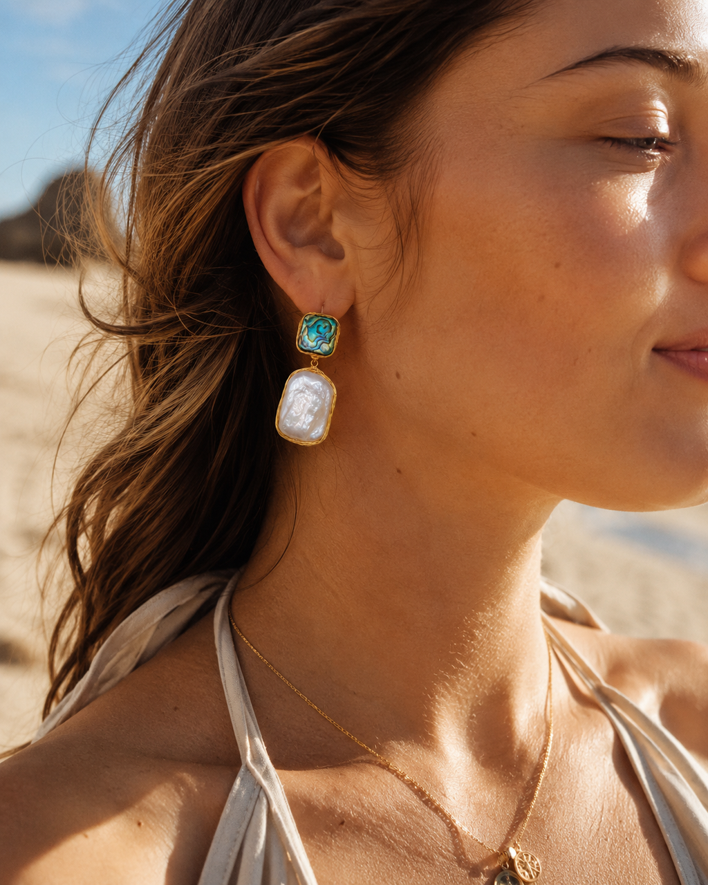 Additional view of Ocean Aura Baroque Pearl Earrings by AURAM with natural pearl glow and coastal styling
