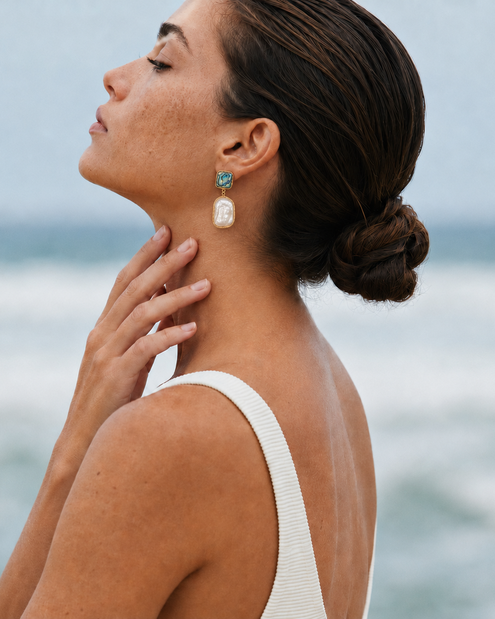 Additional view of Ocean Aura Baroque Pearl Earrings by AURAM with natural pearl glow and coastal styling