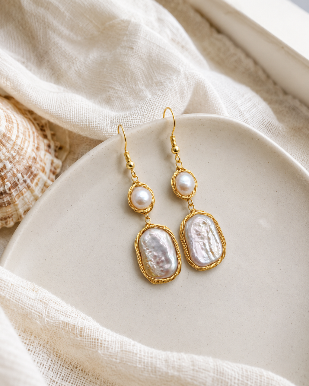 Alternate product view of Whispering Tide Baroque Pearl Drop Earrings by AURAM with soft coastal pearl styling