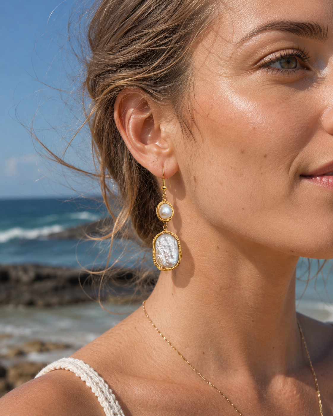 Detail view of Whispering Tide Baroque Pearl Drop Earrings by AURAM with soft coastal pearl styling