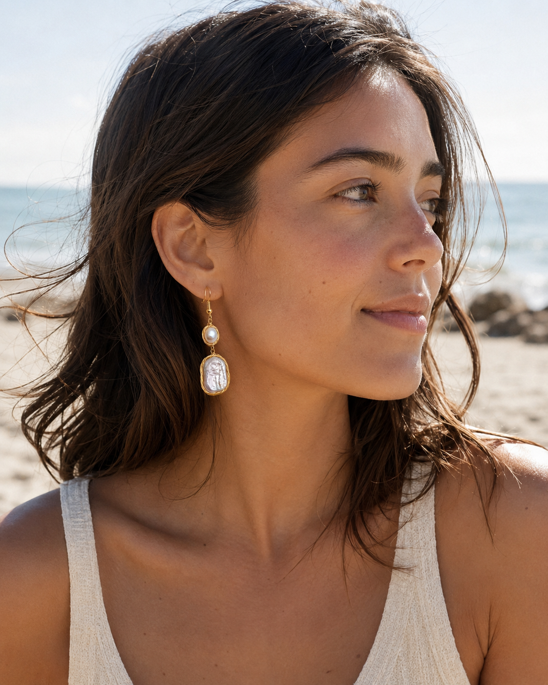 Additional view of Whispering Tide Baroque Pearl Drop Earrings by AURAM with soft coastal pearl styling