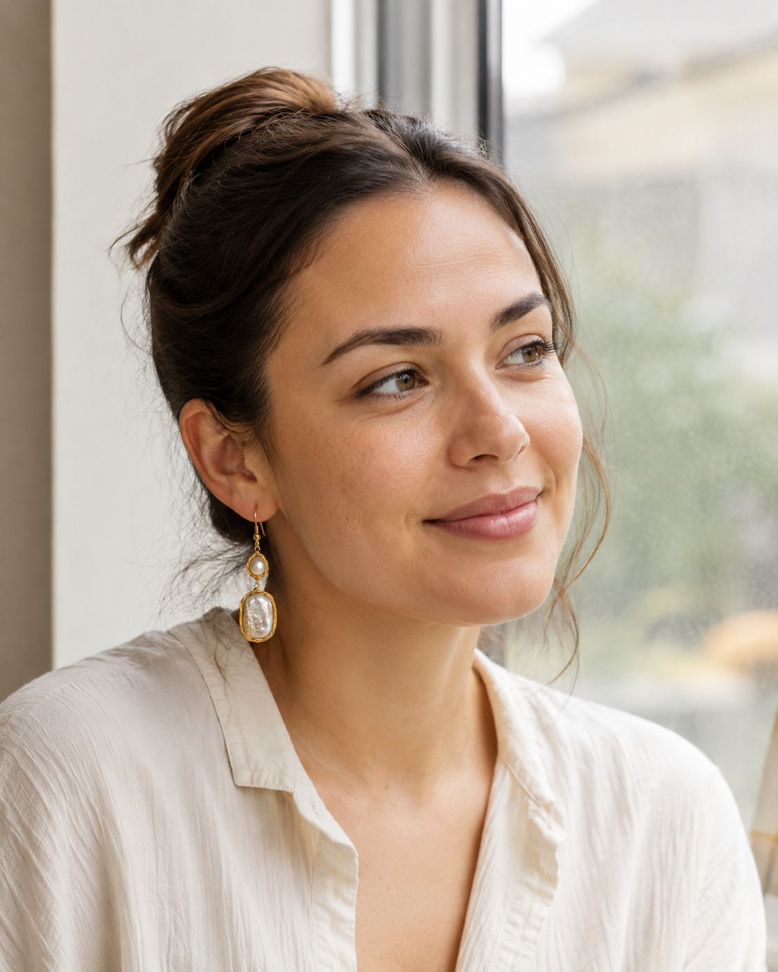 Detail view of Whispering Tide Baroque Pearl Drop Earrings by AURAM with soft coastal pearl styling