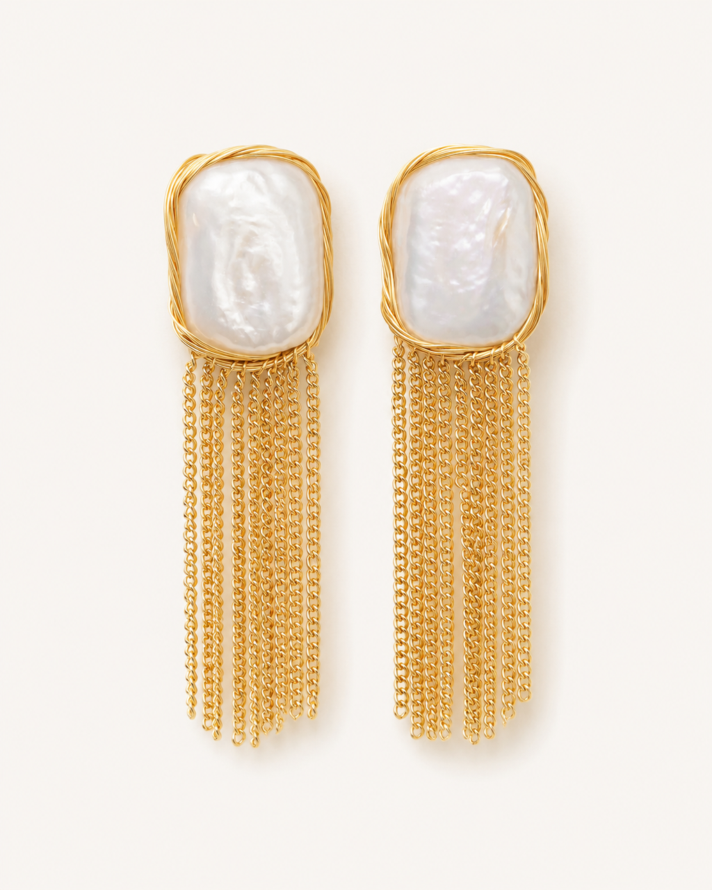 Alternate product view of Falling Light Baroque Pearl Tassel Earrings by AURAM with organic pearl drops