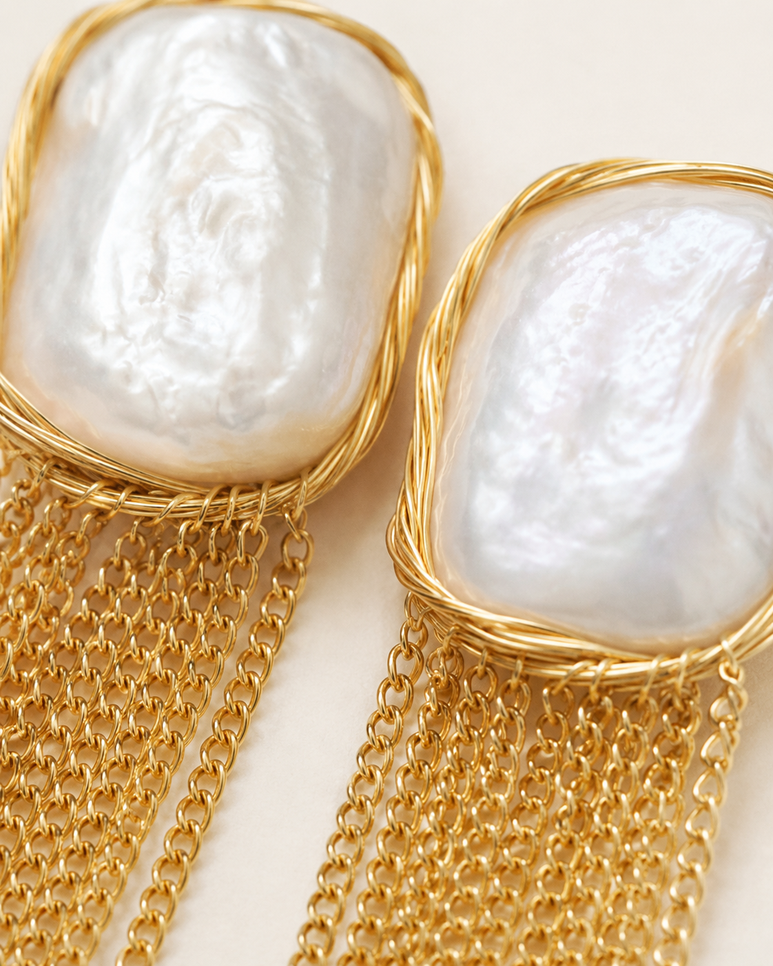 Alternate product view of Falling Light Baroque Pearl Tassel Earrings by AURAM with organic pearl drops