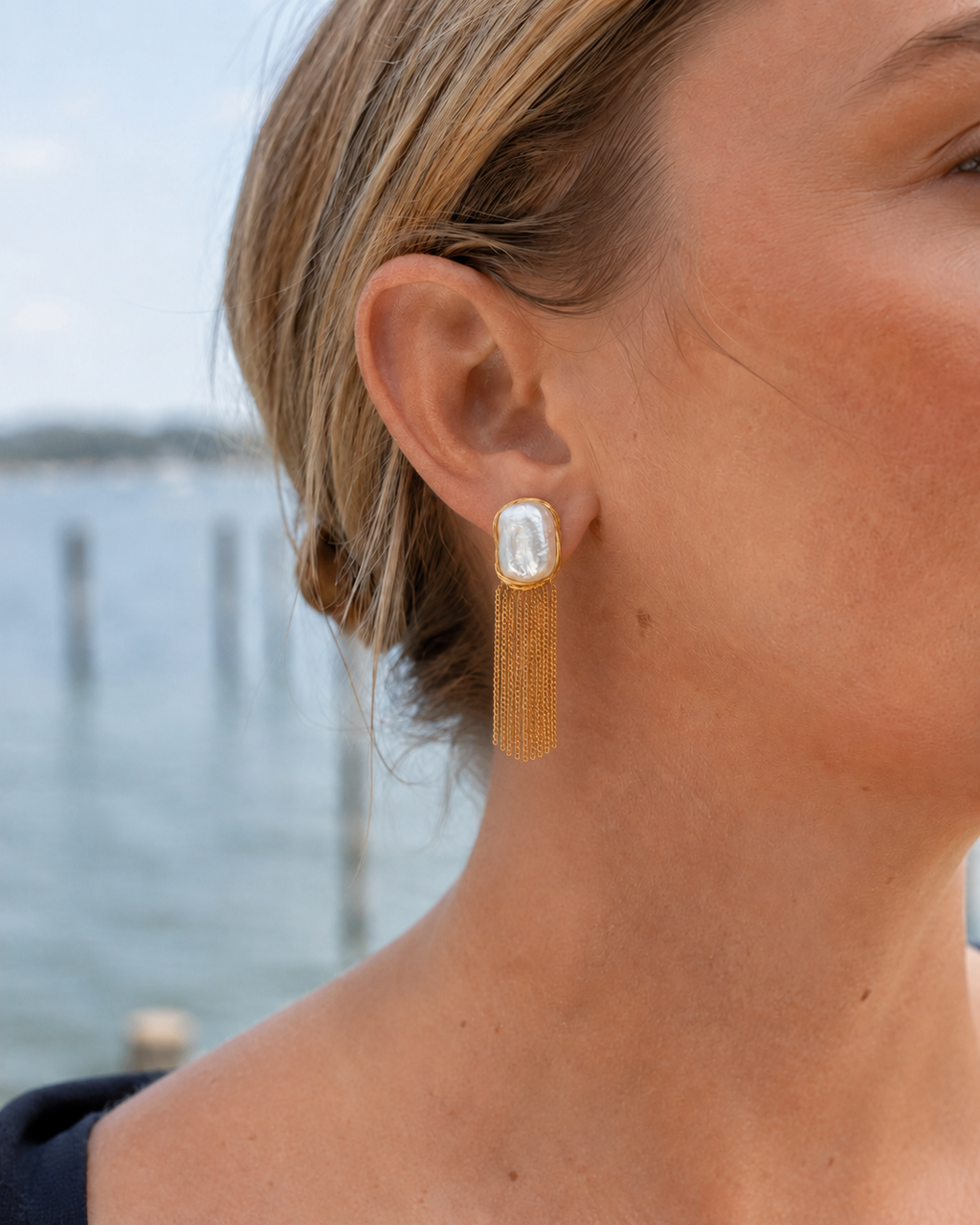 Additional view of Falling Light Baroque Pearl Tassel Earrings by AURAM with organic pearl drops