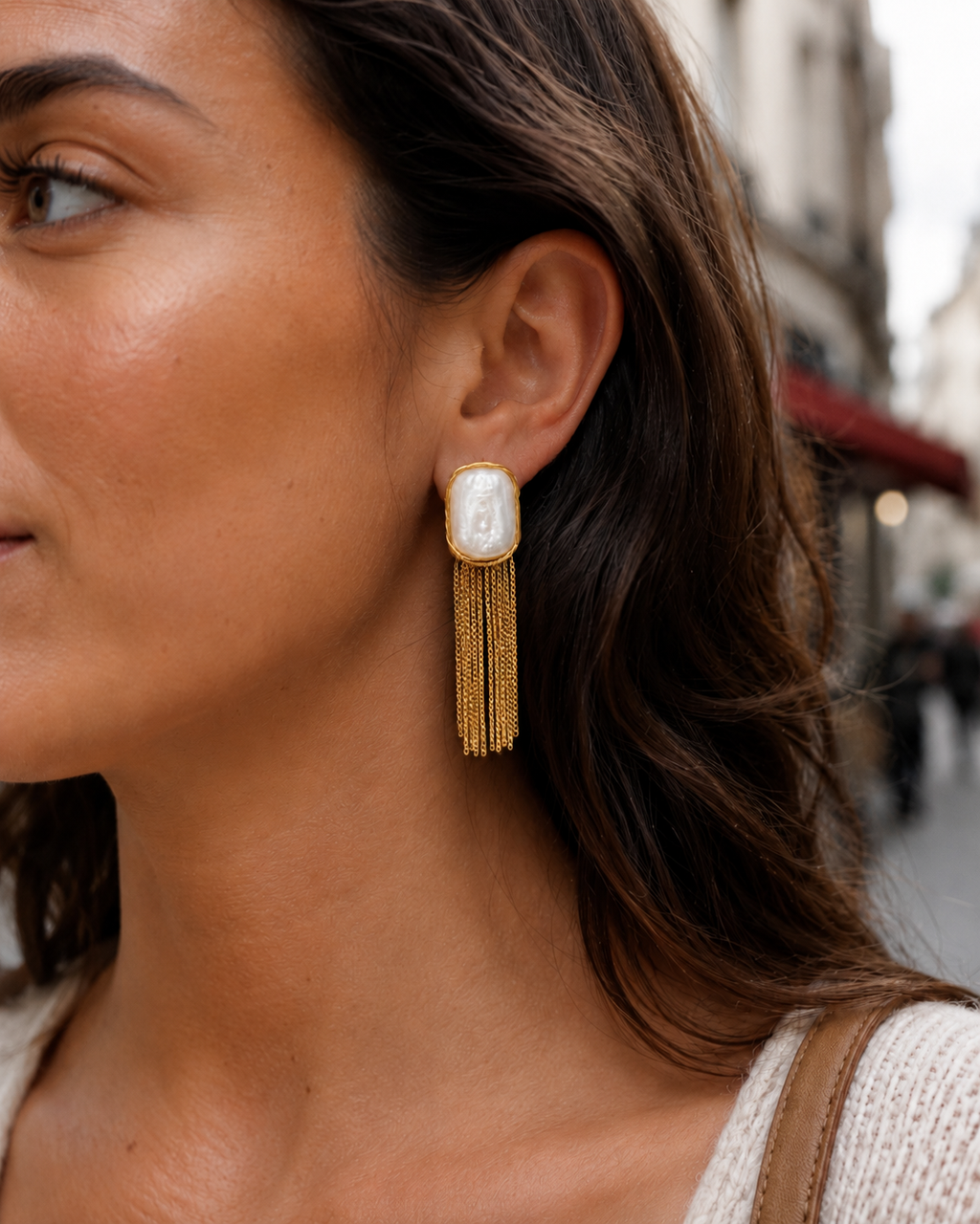 Detail view of Falling Light Baroque Pearl Tassel Earrings by AURAM with organic pearl drops
