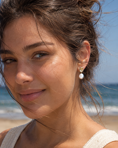 Additional view of Golden Halo Baroque Pearl Drop Earrings by AURAM with gold-tone halo detail