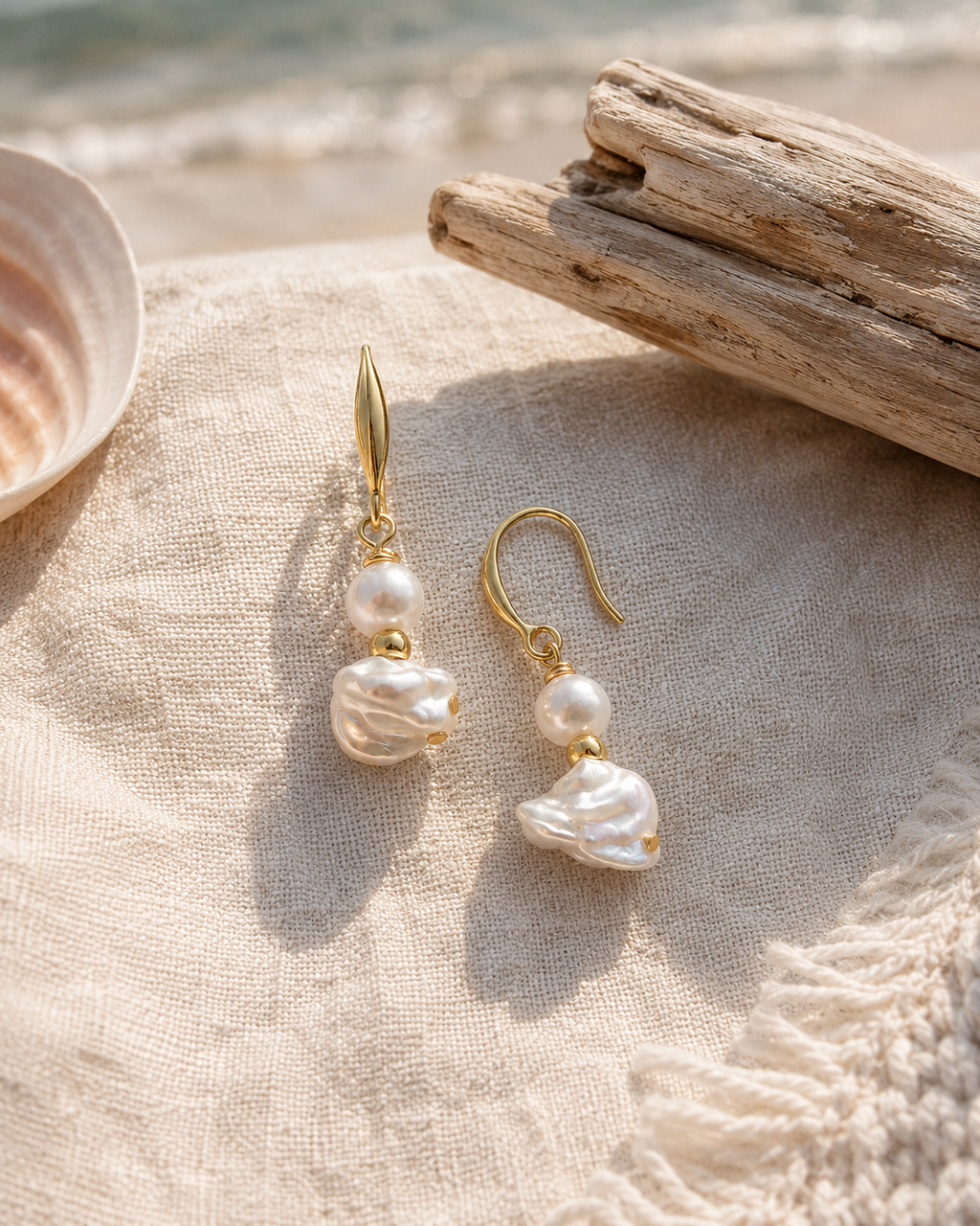 Styled view of Seafoam Baroque Pearl Drop Earrings by AURAM with organic pearl shapes and coastal styling