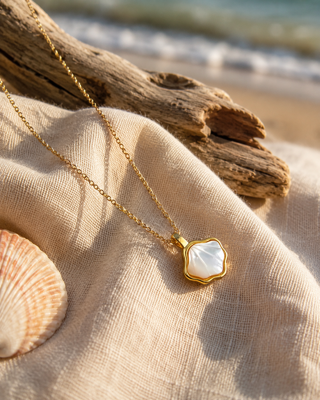 Alternate product view of Shell Bloom Mother-of-Pearl Pendant Necklace by AURAM with floral shell-inspired pendant