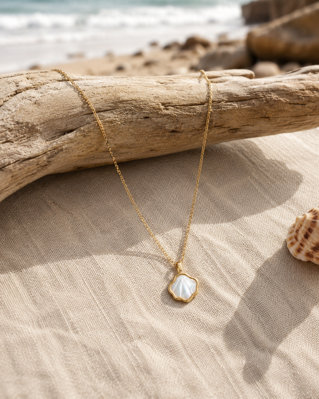 Additional view of Shell Bloom Mother-of-Pearl Pendant Necklace by AURAM with floral shell-inspired pendant