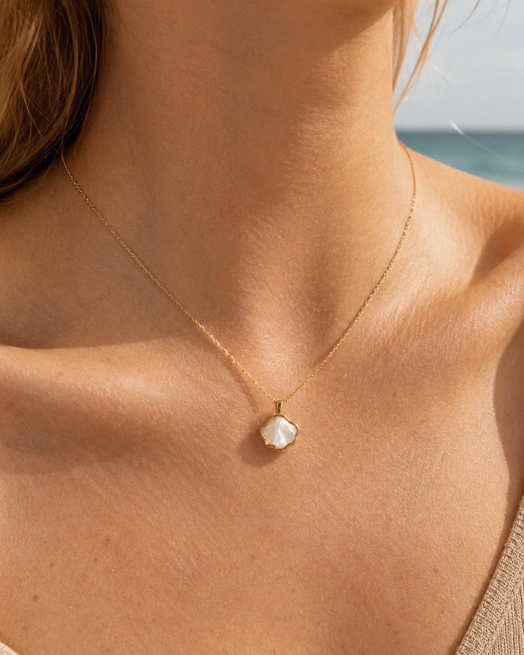 Additional view of Shell Bloom Mother-of-Pearl Pendant Necklace by AURAM with floral shell-inspired pendant