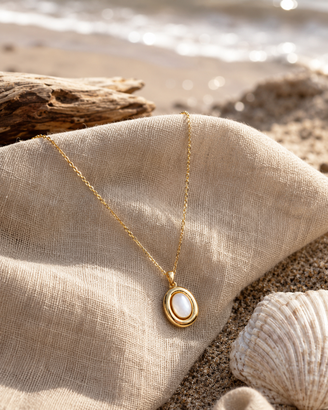 Alternate product view of Moon Cove Mother-of-Pearl Pendant Necklace by AURAM with moon-inspired shell pendant