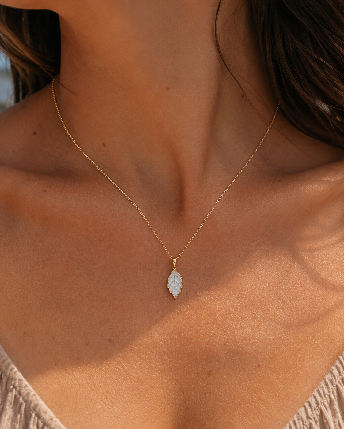 Additional view of Leaf Glow Mother-of-Pearl Pendant Necklace by AURAM with leaf-inspired shell pendant