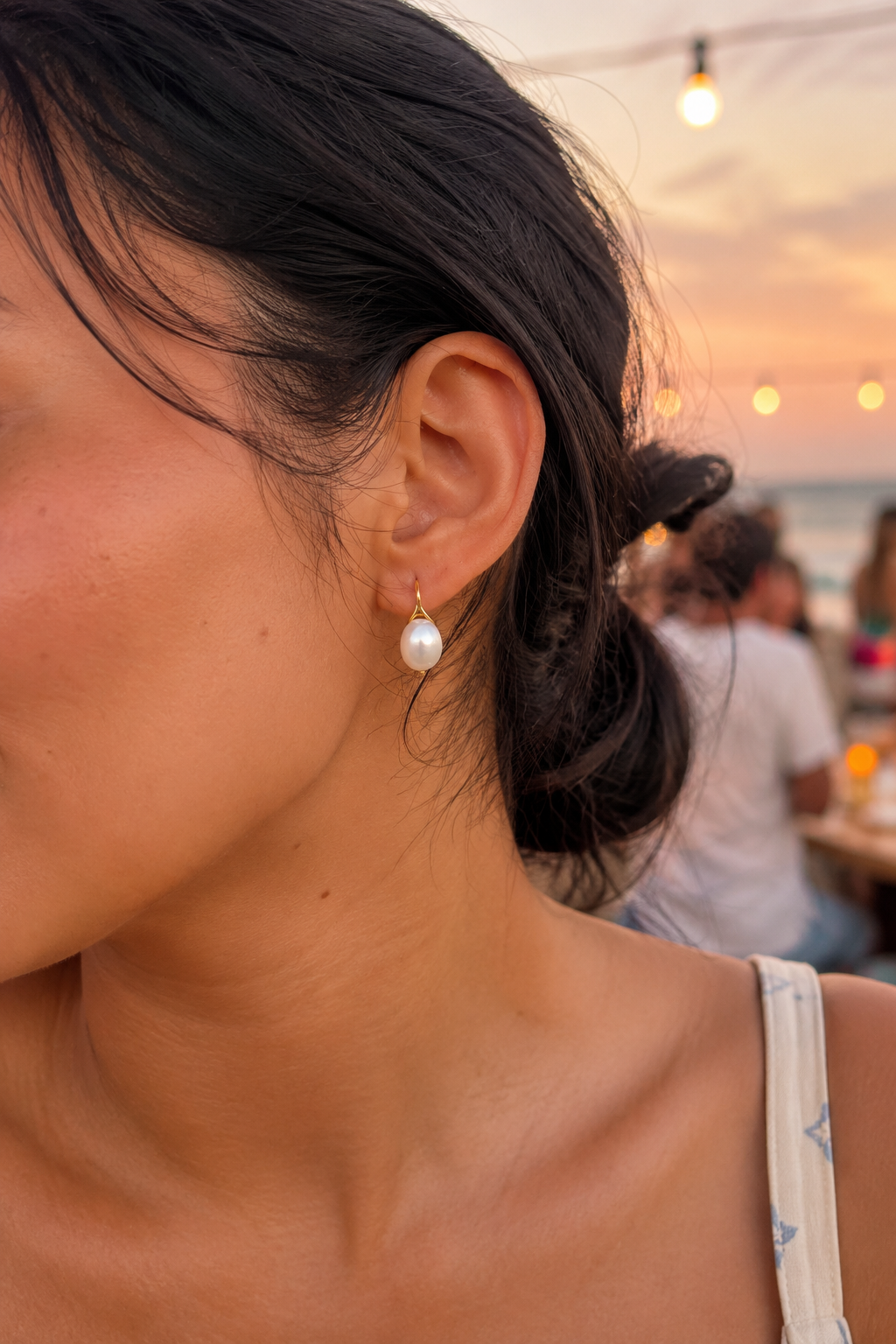 Additional view of Luna Curve Pearl Earrings by AURAM, modern pearl earrings with soft gold-tone curve styling