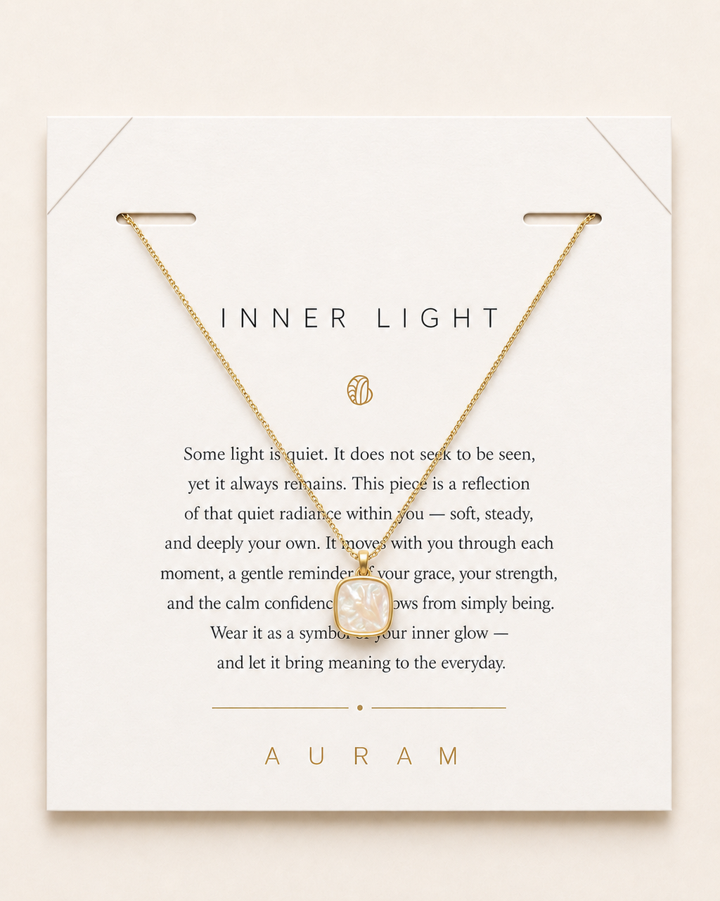 Shell Glow Pendant Necklace by AURAM on branded card with delicate gold-tone chain