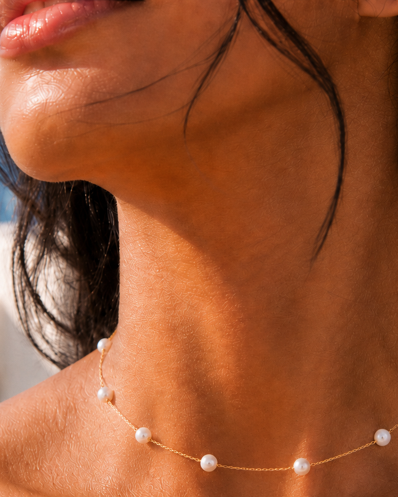 Alternate product view of Baroque Pearl Station Necklace by AURAM with organic pearl stations for layering