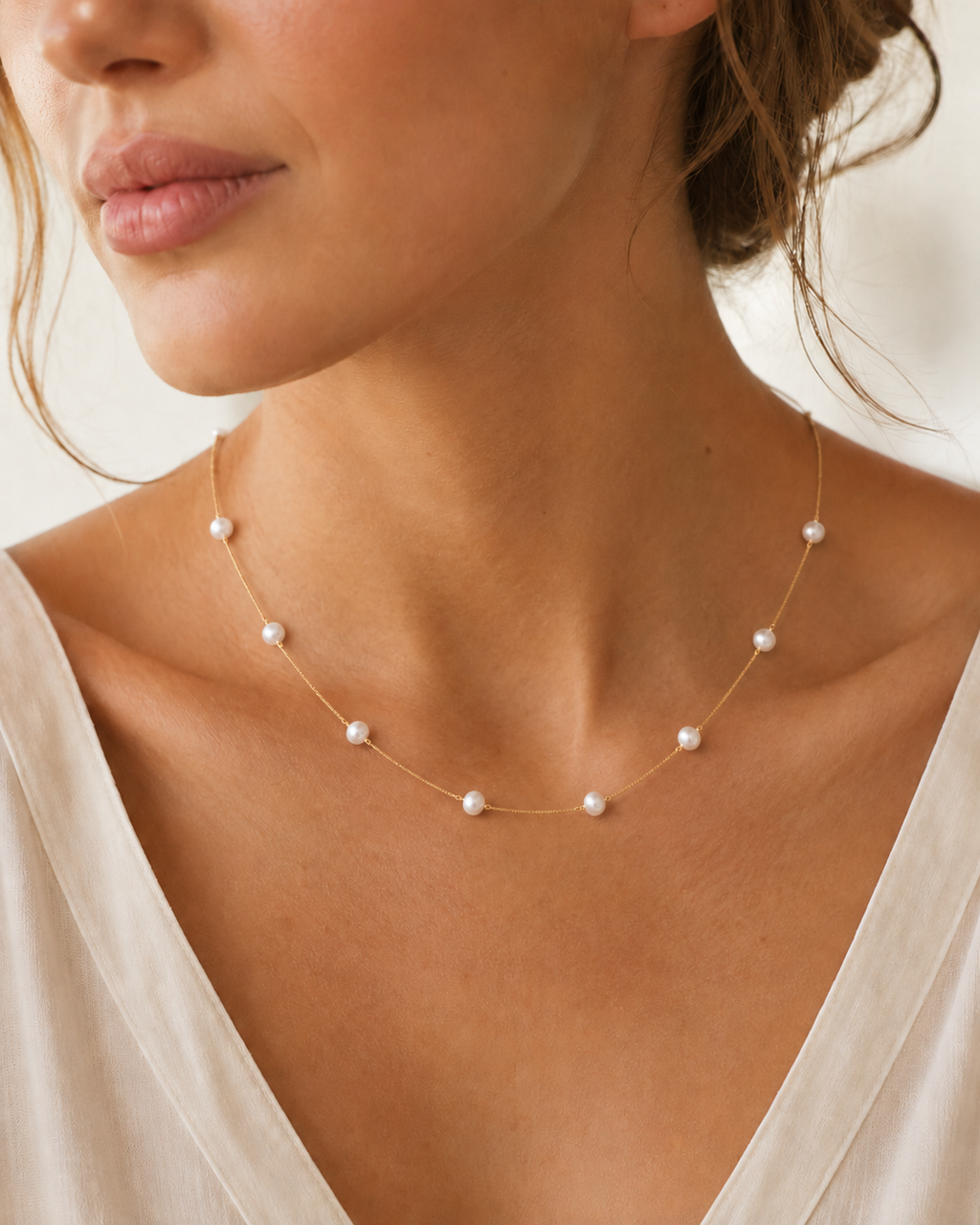 Additional view of Baroque Pearl Station Necklace by AURAM with organic pearl stations for layering