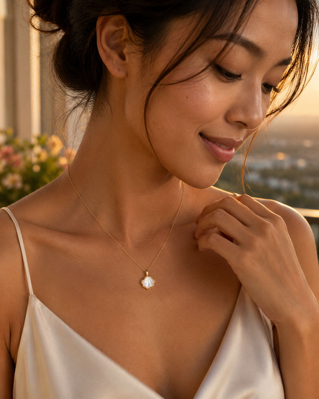 Additional view of Shell Bloom Mother-of-Pearl Pendant Necklace by AURAM with floral shell-inspired pendant