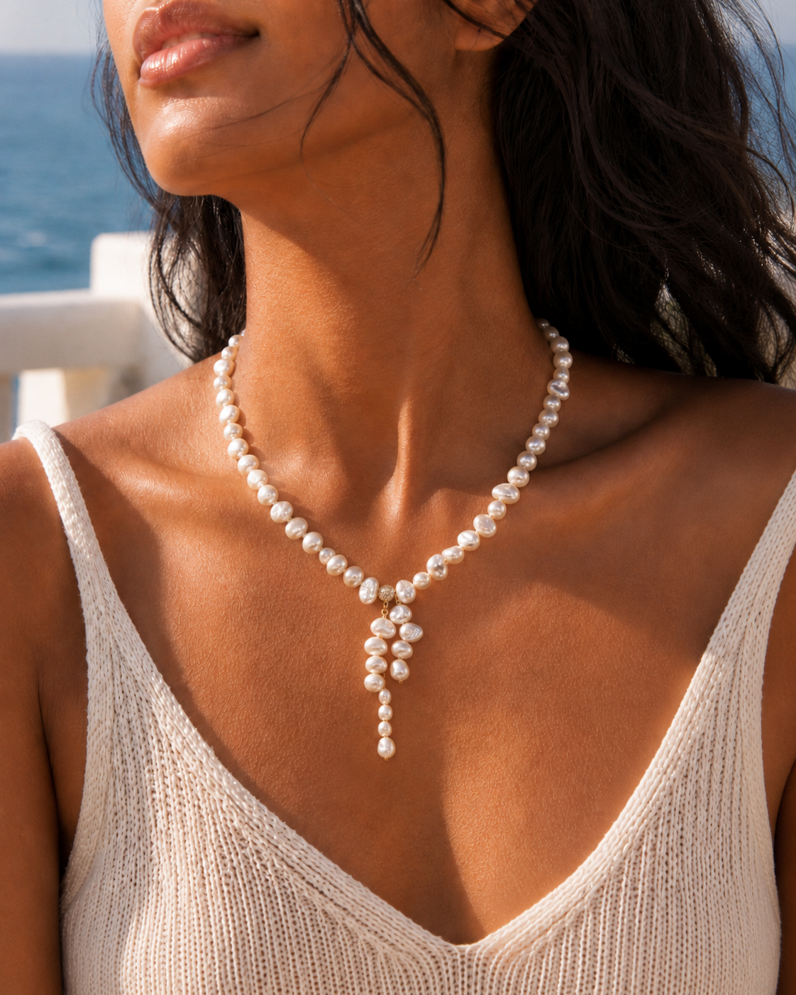 Detail view of Quiet Glow Baroque Pearl Necklace by AURAM with delicate Y-necklace styling