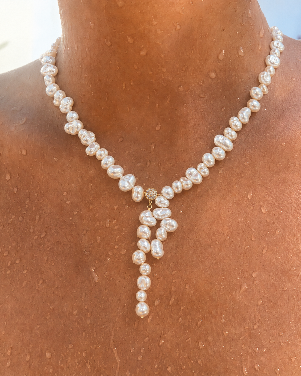 Additional view of Quiet Glow Baroque Pearl Necklace by AURAM with delicate Y-necklace styling