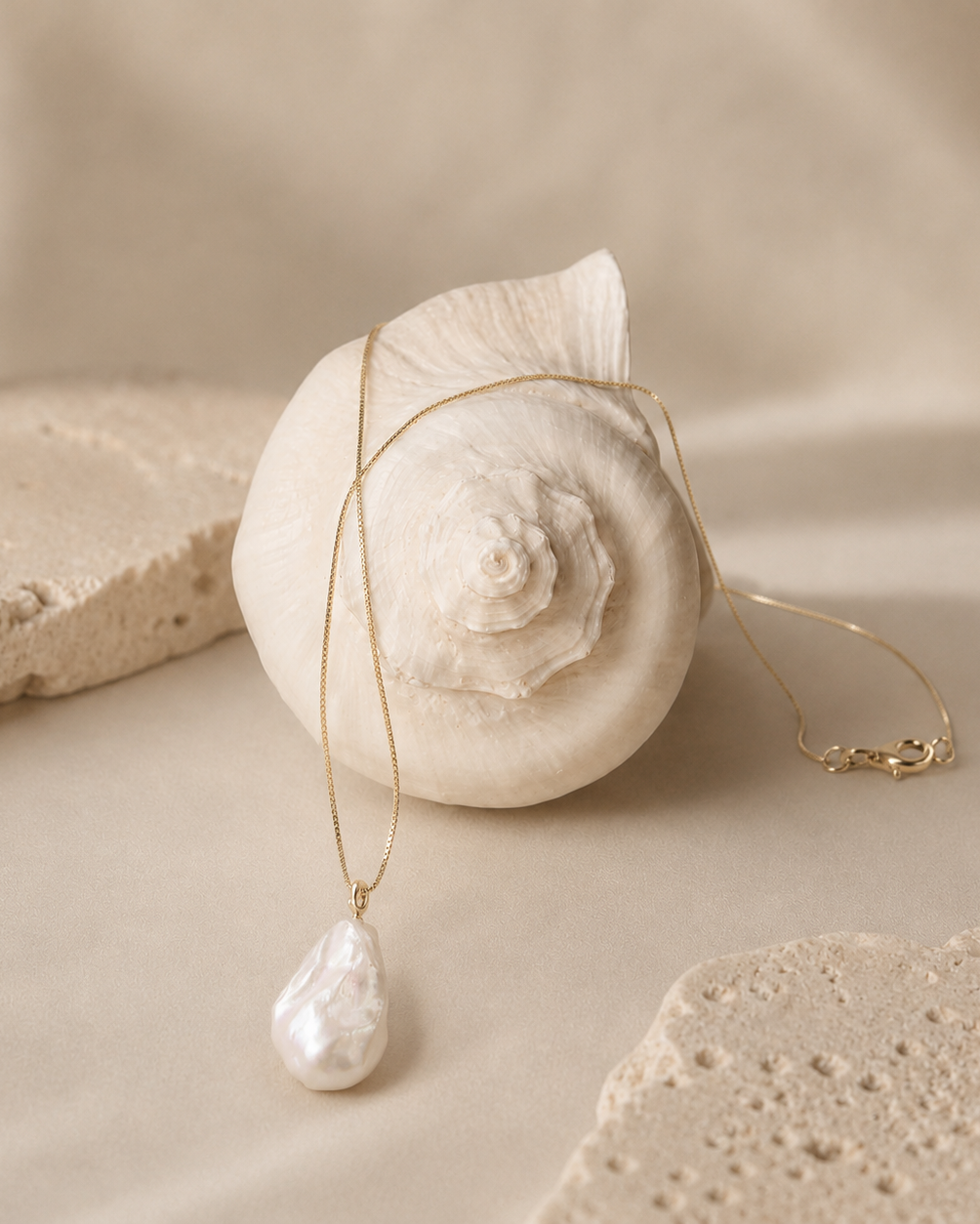 Baroque pearl pendant necklace detail with natural pearl texture and glow